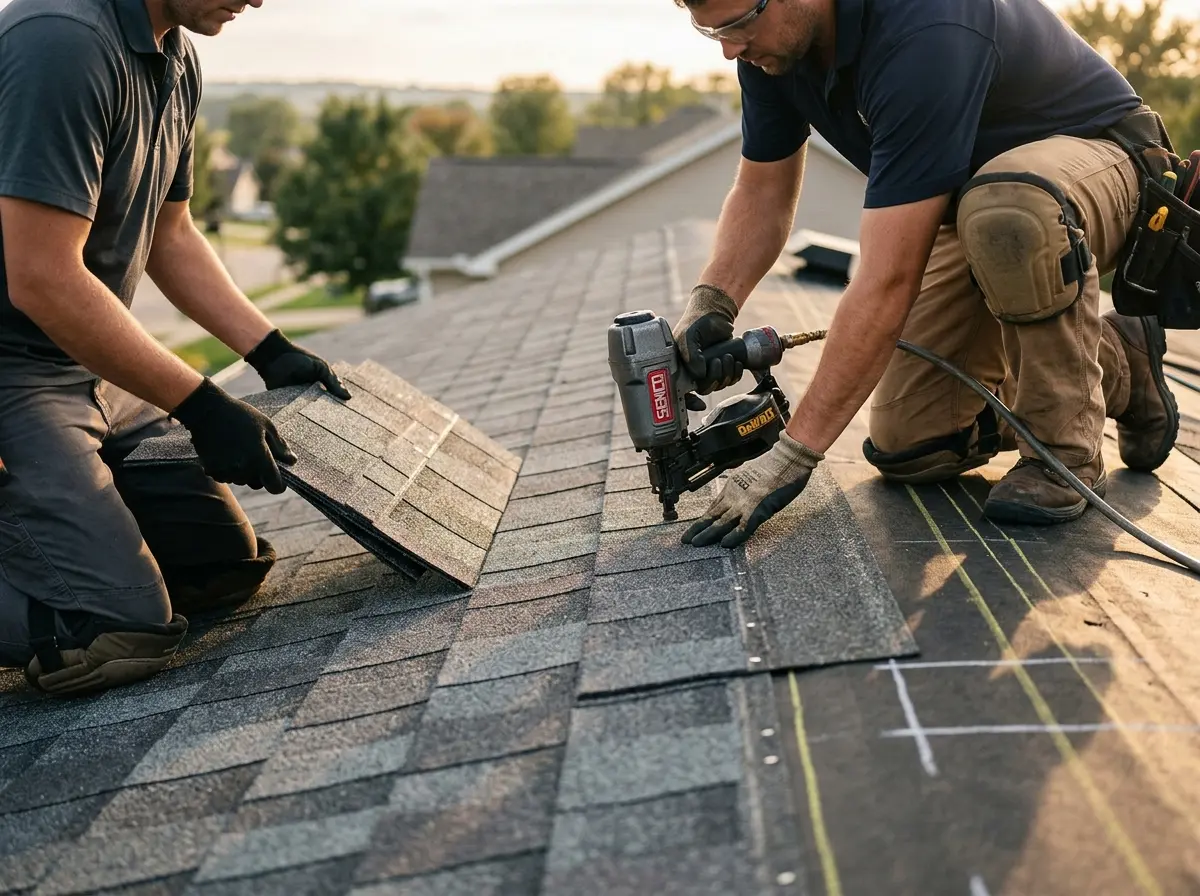 Professional roofer working on a residential roof in Spring Grove